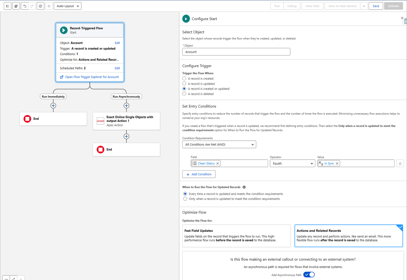 Record-triggered flow op Account met de actie op het pad Run Asynchronously en de startvoorwaarde Clean Status gelijk aan In Sync