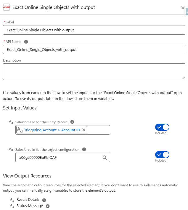 Actie Exact Online Single Objects with output met de invoervelden voor entry record en object configuration