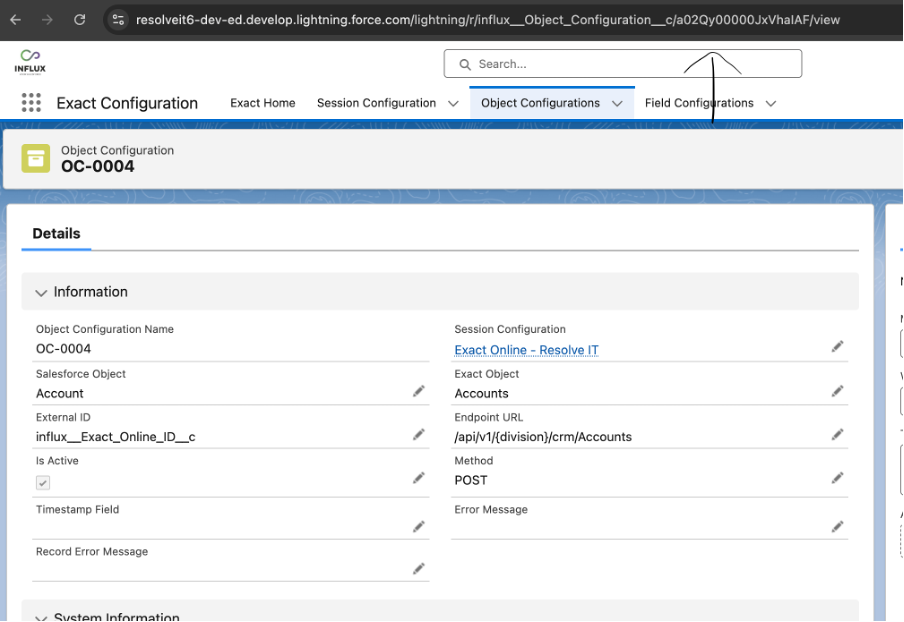 Object Configuration-record in Salesforce met het record-ID zichtbaar in de URL