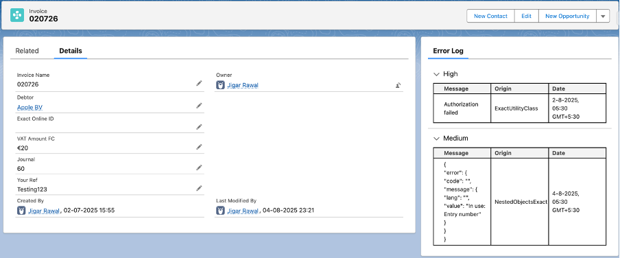Uitgeklapt Error Log met een High-fout 'Authorization failed' en een Medium-fout 'In use: Entry number'