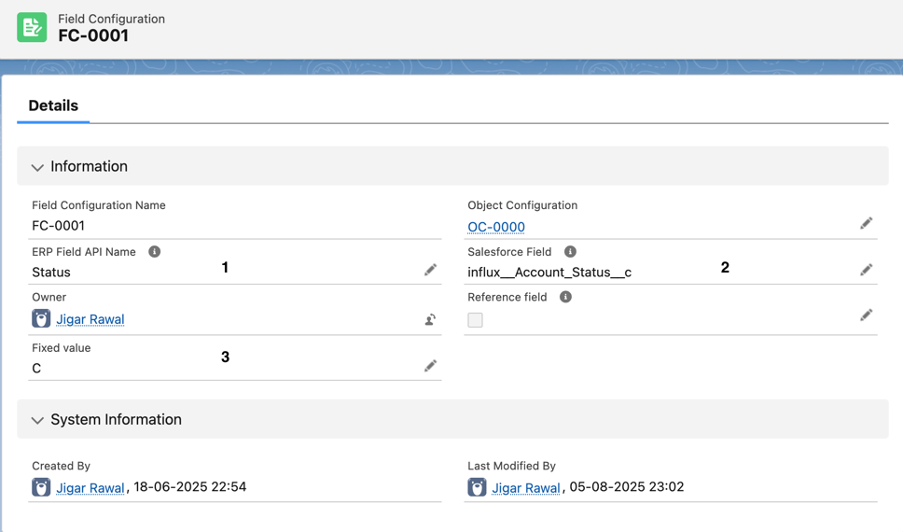 Field Configuration die het Exact-veld Status koppelt aan influx__Account_Status__c, met vaste waarde C