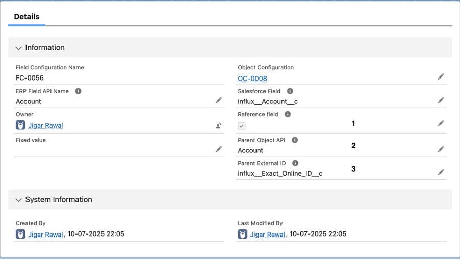 Field Configuration met Reference field aangevinkt, Parent Object API Account en Parent External ID influx__Exact_Online_ID__c