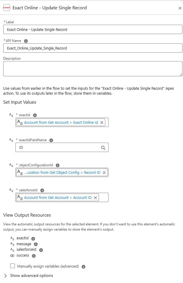 Actie Exact Online - Update Single Record met exactId, exactIdFieldName op ID, objectConfigurationId en salesforceId