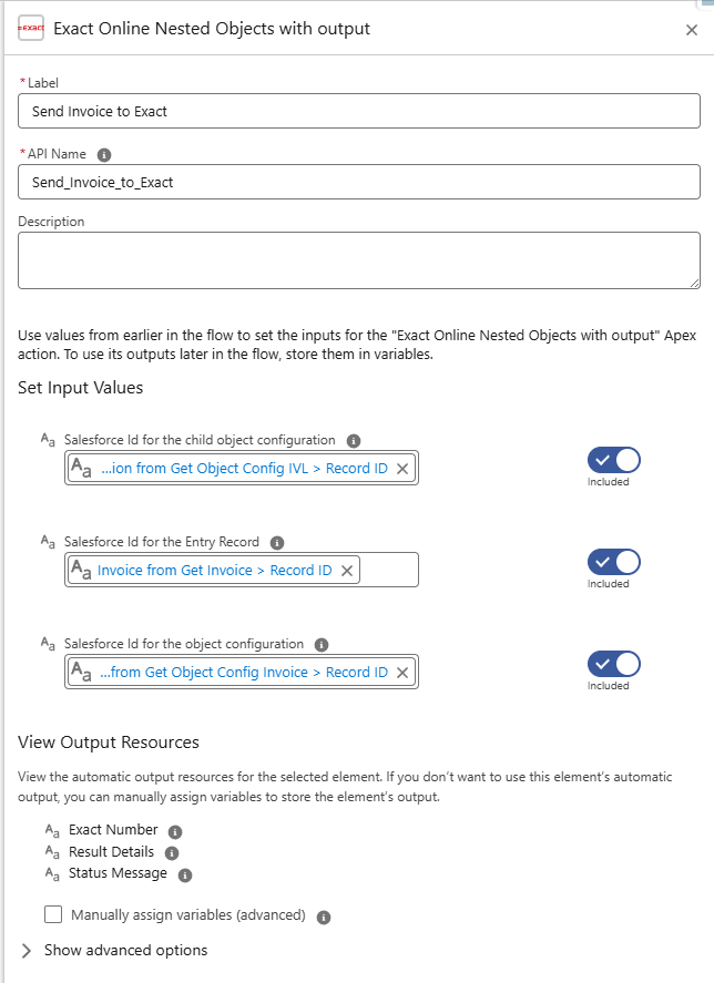 Actie Exact Online Nested Objects with output met de naam Send Invoice to Exact, gevuld vanuit Get Records-elementen