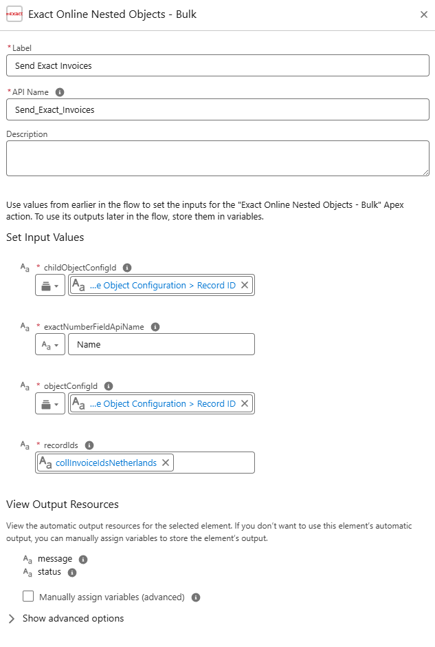 Actie Exact Online Nested Objects - Bulk met childObjectConfigId, exactNumberFieldApiName op Name, objectConfigId en recordIds als collectie