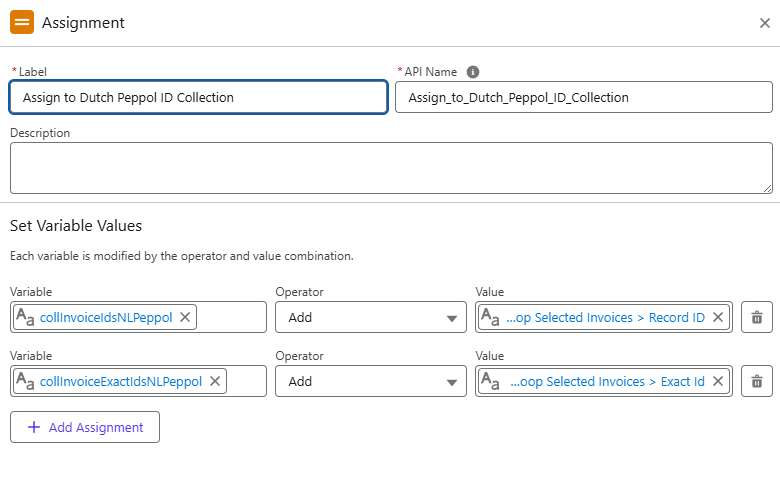 Assignment-element dat record-ID en Exact-ID van de huidige factuur aan twee collecties toevoegt