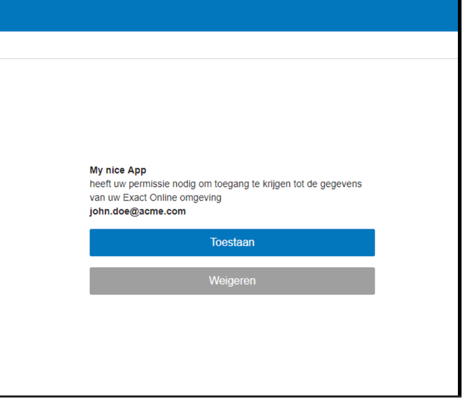 Exact Online vraagt toestemming voor toegang tot de Exact Online-omgeving, met de knoppen Toestaan en Weigeren