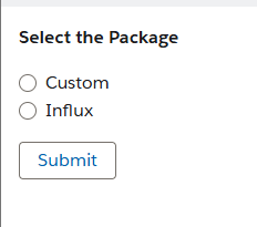 Keuzescherm 'Select the Package' met de opties Custom en Influx